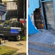 A crashed SUV stuck inside the front doors of the arcade and the damaged doors seen in the morning.